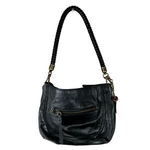 The Sak BoHo Black Leather Medium Size Shoulder Bag Purse Braided Handle